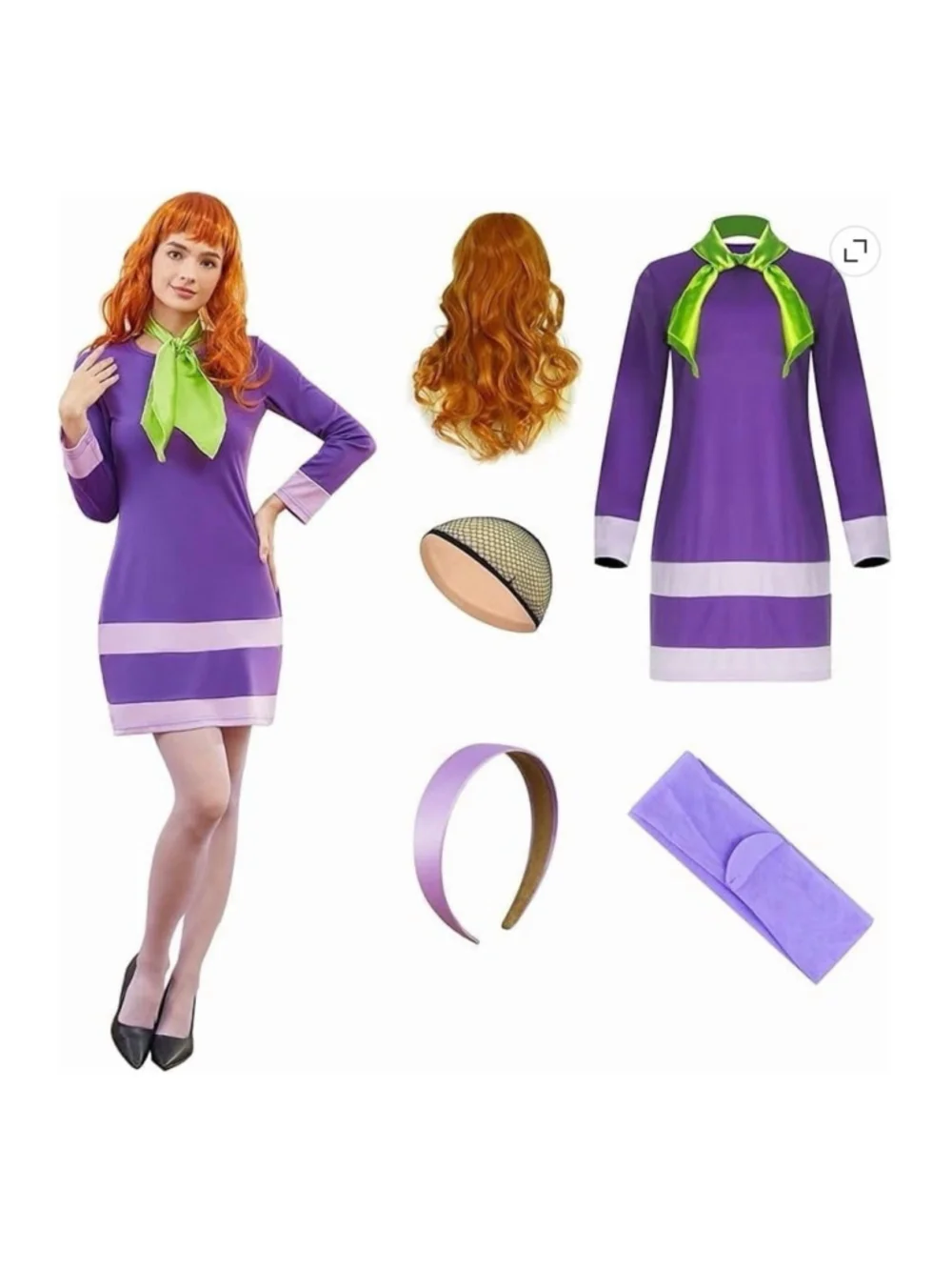 Daphne Blake Scooby Doo Costume Dress, Wig, Tights, Headband & Scarf NEW